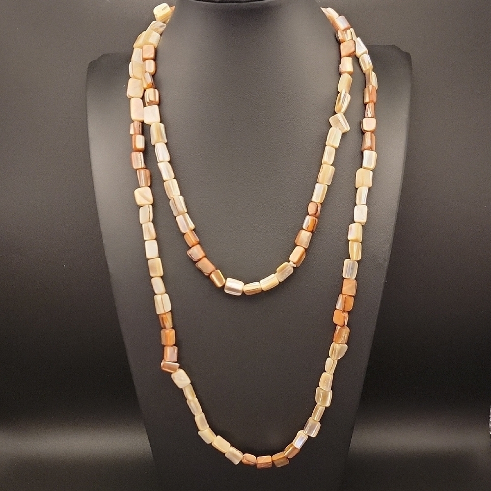 Long Continuous 76" Strand Mother of Pearl Beaded Shell Necklace Shiny Brown Tan - Picture 3 of 9